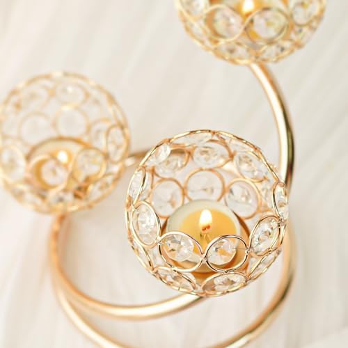 Metal Crystal Candle Holder Set of 2 - Elegant 3-Arm Metal Tea Light Centerpiece with Shining Crystal Bowl, Wedding Anniversary Table Decor for Dining, Party (Gold, 2 Pcs 3 Arm) - Image 4