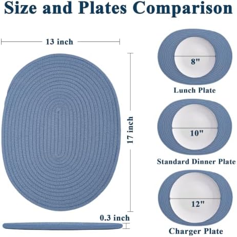 Oval Woven Cotton Placemats Set of 6, Thick Braided Rope Table Mats, 17 x 13 Inches Large Non Slip Heat Resistant Place Mats for Dining Table, Farmhouse Boho Hot Pads for Kitchen Decor (6, Blue) - Image 2