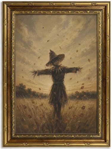 Gold Framed Scarecrow Wall Art, Autumn Farmhouse Canvas Print, 16x12 by Qzzrin