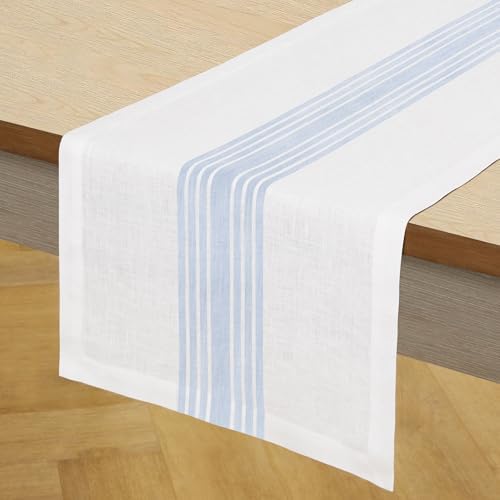 Solino Home 100% Linen Table Runner, 14 x 120 in, Blue and White Striped - Image 2