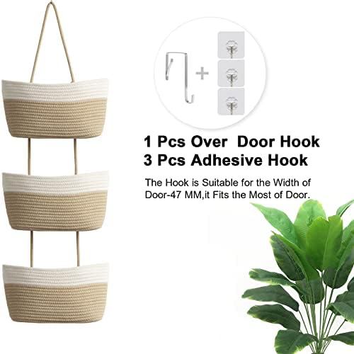 TeoKJ Over the Door Hanging Basket, 3-Tier Woven Cotton Wall-Mounted Storage Organizer Bag Decorative Hanging Nursery Baskets, White & Jute - Image 6