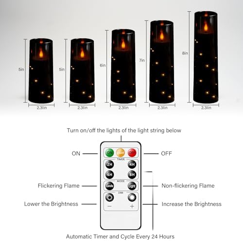 kakoya Flameless LED Candles with Timer 5 Pc Flickering Flameless Candles for Romantic Ambiance and Home Decoration Stable Acrylic Shell,with Embedded Star String,Battery Operated Candles（Black） - Image 5