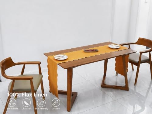 100% Natural Linen Rustic Scalloped Embroidery Table Runner 104 Inches Long, Linen Table Runner for Dresser and Dining Tables Decor, 8-10 Sets, 14''x104'', Rust(Edges-Gold) - Image 2