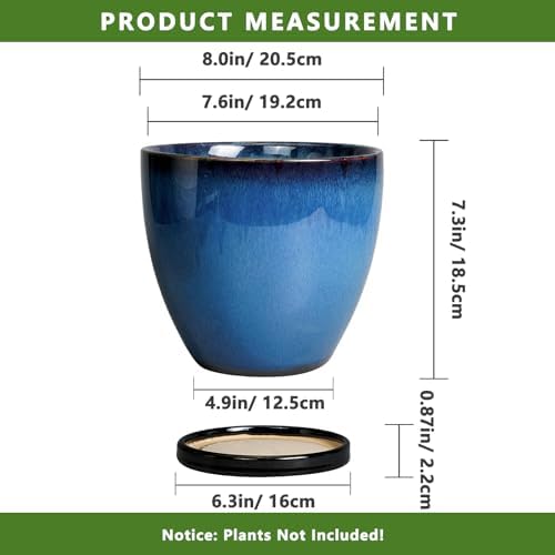 8 Inch Planter - Ceramic Plant Pot with Drainage Hole and Tray Round Planter Modern Flower Pot for Room Home Office Patio Porch Garden Decor Blue - Image 3