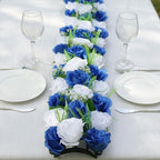 Tableclothsfactory 6 Pack White Royal Blue Silk Rose Flower Panel Table Runner, Artificial Floral Arrangements Dining Table Decor - 20"x8" by TABLECLOTHSFACTORY