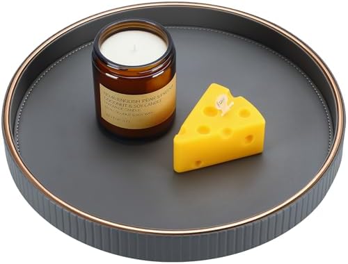 KINGFOM Round Decorative Tray, PU Leather Vanity Tray Organizer with Gold Trim for Dresser, Coffee Table & Bathroom Counter, Modern Home Decor Jewelry & Perfume Tray for Men Women (Gray) - Image 3