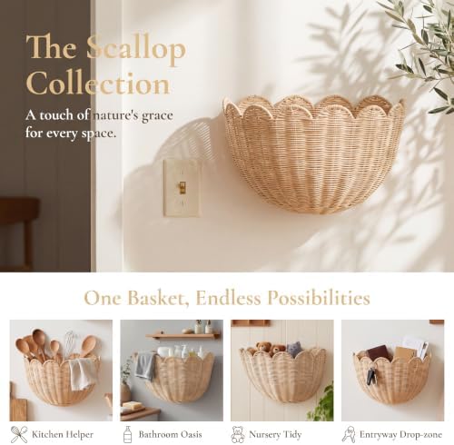 Large Scalloped Woven Rattan Wall Basket Set of 2, Hand Woven Wicker - Image 3