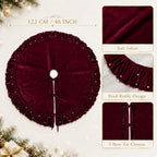 Velvet Christmas Tree Skirt, 60 Inches WineRed Ruffled Velvet Christmas Tree Skirt with Pearls,Rustic Vintage Xmas Tree Skirt for Party Decorations - Image 5