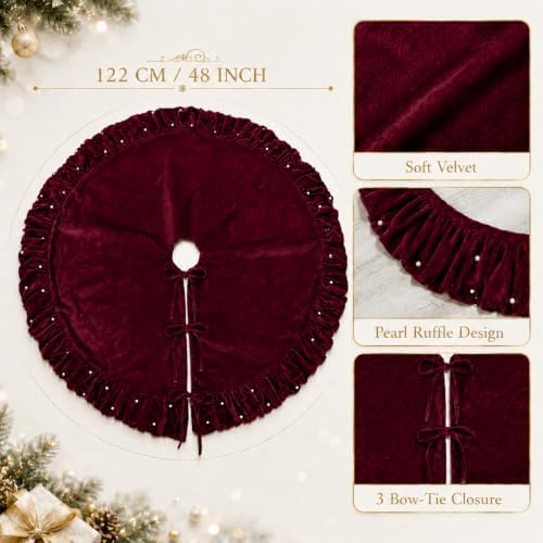 Velvet Christmas Tree Skirt, 60 Inches WineRed Ruffled Velvet Christmas Tree Skirt with Pearls,Rustic Vintage Xmas Tree Skirt for Party Decorations - Image 5