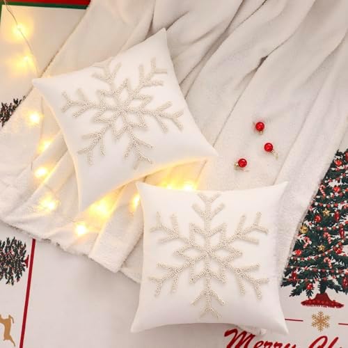 Christmas Throw Pillow Covers 18x18 Set of 2 Beige Xmas Snowflake - Image 6