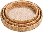 Round Woven Rattan Tray with Clear Acrylic Insert and Handles, Water Hyacinth Decorative Storage Tray for Coffee Table, Ottoman, Bathroom Counter, Kitchen (S+M+L 3 PCS) by Hawfrides