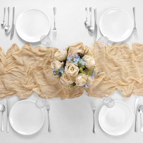 8 Pack 10Ft Beige Boho Gauze Cheesecloth Table Runner Long Wrinkled Sheer Romantic Table Cloths for Wedding Bridal Shower Birthday Party Table Decor - Image 4