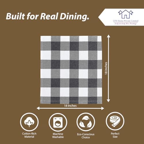 LFH Home 100% Cotton Cloth Reusable Dinner Napkins Set of 12 Washable Soft Decorative Buffalo Plaid Gingham and Checkered Table Napkins for Holidays Wedding Farmhouse Decor 18x18 Inch-Charcoal & White - Image 3