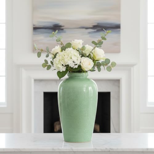 Green Ceramic Vase - 11 Inch Tall Modern Flower Vase for Pampas Grass, Pottery Decorative Vase for Centerpieces, Farmhouse Decor, Living Room, Kitchen, Shelf, Table Decor - Image 6