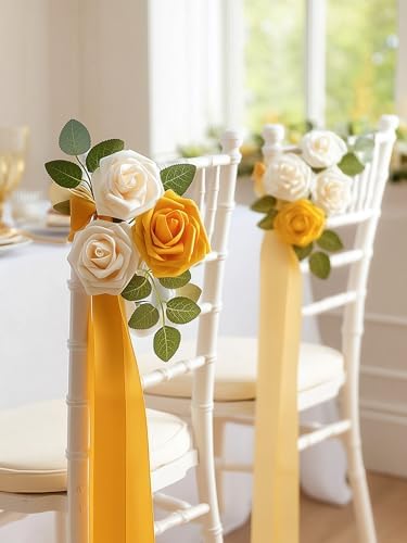 InnoGear Artificial Flowers, 50 Pcs Yellow Foam Fake Roses Bulk with Stems for Autumn Fall Decoration DIY Wedding Bouquets Centerpieces Bridal Shower Party Christmas Tree - Image 2
