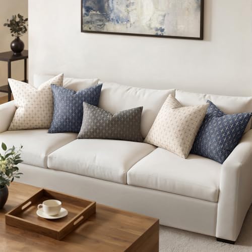 MIULEE Pack of 2 Decorative Burlap Linen Throw Pillow Covers Modern Farmhouse Pillowcases Rustic Woven Textured Cushion Cover for Sofa Couch Bed 16x16 Inch Blue - Image 5