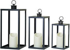 HPC Decor Black Metal Candle Lanterns Set of 3- Lanterns Decorative w/Flickering Timer Candles- 16.5'' 13'' 10'' Chunky Large Modern Farmhouse Candle Lanterns for Indoor, Outdoor, Tabletop (No Glass) by HPCDECOR