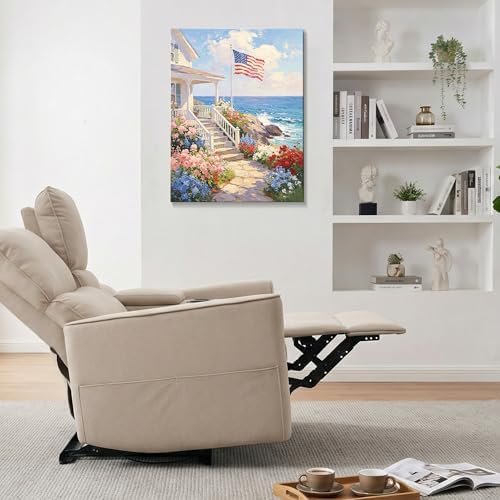 Patriotic Coastal Canvas Wall Art 4th of July American Flag Seaside Cottage Oil Painting USA Flag Ocean Floral Pathway Wall Decor Independence Day Beach House Home Decor 16x20in - Image 3
