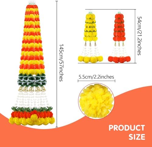 11PCS Diwali Decorations Marigold Garland for Home, Artificial Marigold with Bells and Leaves Long Strands for India Wedding, Pooja Decor, Marigold Flowers for All Year Decoration - Image 2