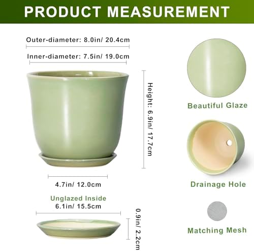 Ceramic Flower Pots - 8 Inch Plant Pot Drainage Hole and Saucer, Round Plant Pot with for Indoor Outdoor, Modern Planter, Decorative Planter, Home Porch Room Decor, Housewarming Gift, Green - Image 2