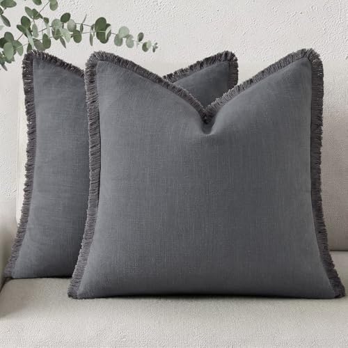 decorUhome Linen Fringe Dark Grey Throw Pillow Covers 16x16 Set of 2 by decorUhome