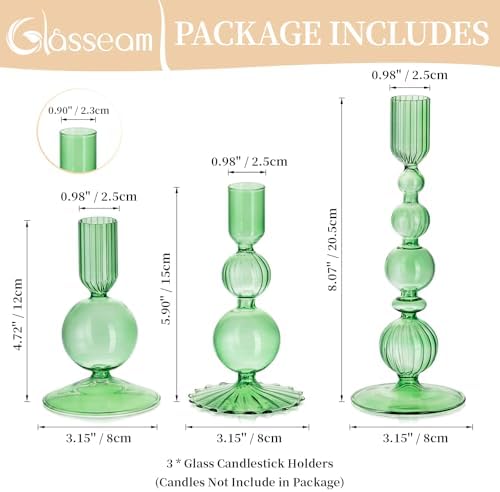 Glasseam Green Glass Taper Candle Holder, 3Pcs Unique Candlestick for Table - Image 5