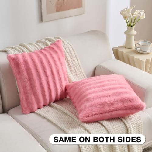 FUTEI Pack of 2 Faux Mink Fur Throw Pillow Covers 20x20 Inch, Cherry Pink - Image 4