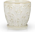 Hollyone 6 Inch White Ceramic Planter Flower Plant Pot with Drainage Hole and Saucer for Plants Embossed Indoor Outdoor Garden Embossed Ceramic Glazed Round Pot for Succulent Orchid Butterfly Pattern by Hollyone