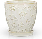 Hollyone 6 Inch White Ceramic Planter Flower Plant Pot with Drainage Hole and Saucer for Plants Embossed Indoor Outdoor Garden Embossed Ceramic Glazed Round Pot for Succulent Orchid Butterfly Pattern by Hollyone