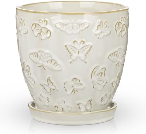 Hollyone 6 Inch White Ceramic Planter Flower Plant Pot with Drainage Hole and Saucer for Plants Embossed Indoor Outdoor Garden Embossed Ceramic Glazed Round Pot for Succulent Orchid Butterfly Pattern by Hollyone