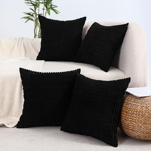 All Smiles Decorative Black Throw Pillow Covers 16x16 Set of 4 Farmhouse Rustic Home Decor Soft Plush Striped Corduroy Square Cushion Case Living Room Couch Bed Sofa by AllSmiles