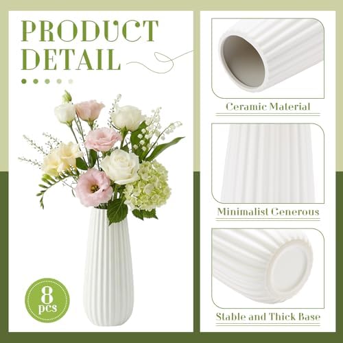 Qinyoung 8 Set White Ceramic Vases for Flowers, 8'' Small Vase, Minimalist - Image 3