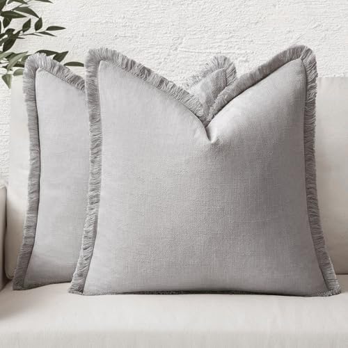 MIULEE Linen Fringe Decorative Euro Throw Pillow Covers Light Grey 24x24 by MIULEE