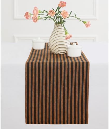 Solino Home 100% Linen Table Runner, 14 x 120 in, Pumpkin and Black Striped by SolinoHome