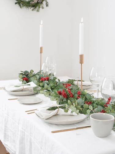 Red Berry Christmas Garland, Artificail Pine Garland with Berries Eucalyptus Cedar Leaves for Winter Holiday Home Table Centerpiece Decor (Light Green) - Image 5