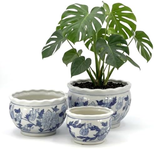 Galt International Blue & White Round Floral Porcelain Ceramic Plant Flower Planter Pot Set of 3 (8", 10", 12") Garden Pots Chinese Asian Design - Image 3