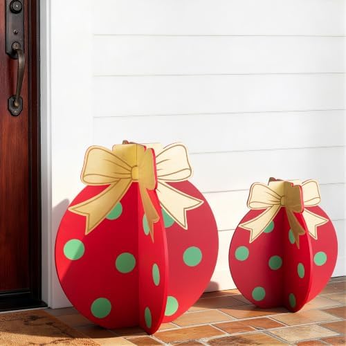 Glitzhome Set of 2 Wooden Christmas Ornaments Porch Decor,Interlocking Xmas Porch Sign with Golden Bows,Standing Porch Sign for Front Door Indoor Outdoor Holiday Decor,24" H &18" H - Image 4