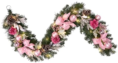 6 feet Christmas Pink Garland for Front Door with 30 LED Lights,Festive Lighted Holiday Decor,prelit Mantel Garland withTimer,Stair and Fireplace Pink Rose Decoration for Christmas and Wedding by Vofuly
