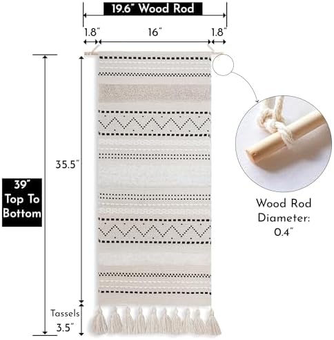 BlissBlush Long Vertical Wall Hanging Tapestry Woven Boho Farmhouse Decor Black Beige Cream Tassel Handmade Wall Art Decoration for Bedroom Living Room Dorm Nursery Apartment, 16x39 INCH - Image 3