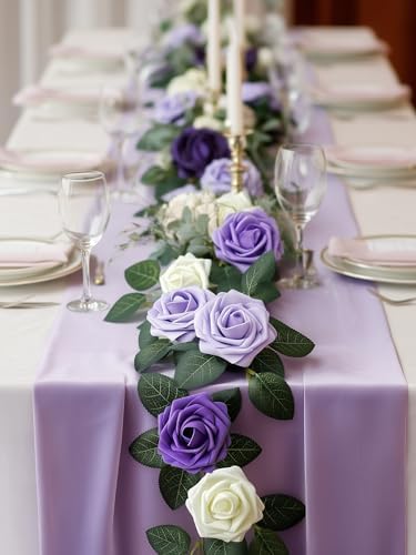 InnoGear Artificial Flowers, 50 Pcs Shades of Purple Foam Fake Roses Bulk with Stems for Decoration Celebration DIY Wedding Bouquets Centerpieces Bridal Shower Party Christmas Tree - Image 3