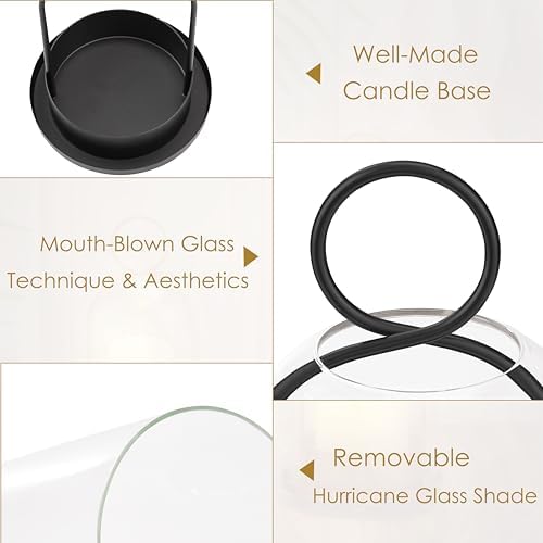 Candle Holder Lanterns, Handcrafted Metal & Glass with Modern Aesthetic Design, Hurricane Pillar Candlestick Holders, Table or Hanging Decorations Set of 2, 5.1" & 4.4" Diameter, Black - Image 4