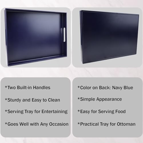 Navy Blue Serving Tray for Coffee Table, Rectangular Plastic Decorative Tray with Handles for Entertaining, Outdoor Patio, Living Room, Ottoman, Bathroom Counter, 11.8”*15.7”*1.6” - Image 3