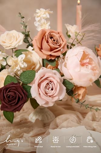 Ling's moment Fake Flowers Box, Faux Artificial Greenery Stems Foam Roses Silk Peony Eucalyptus Fabic Flower for Centerpieces Bouquet Wedding Vase Floral Decorations, Rust & Orange, Grand Combo - Image 3