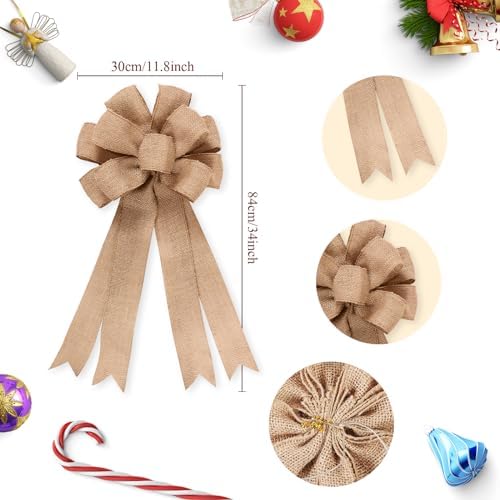 Civaner 2 Pcs Burlap Christmas Tree Topper with 47 Inch Ruffle Christmas Tree Skirt and 34 Inch Large Vintage Ribbon Bow Rustic Xmas Tree Ornaments for Wreath Party Holiday Farmhouse Home Decor - Image 2