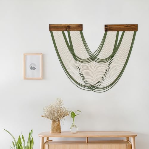 Boho Macrame Wall Hanging Tapestry, Green and White Wall Decor Handmade Macrame Wall Hanging Bohemian Yarn Tapestry Living Room Bedroom Modern Home Decor - Image 3