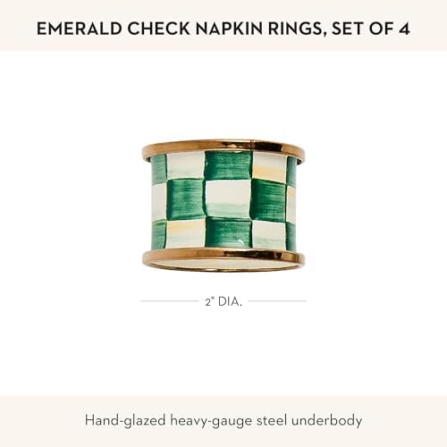 MACKENZIE-CHILDS Set of 4 Enamel Napkin Rings, Napkin-Holder Ring Set for Cloth Napkins, Green-and-White Emerald Check - Image 4