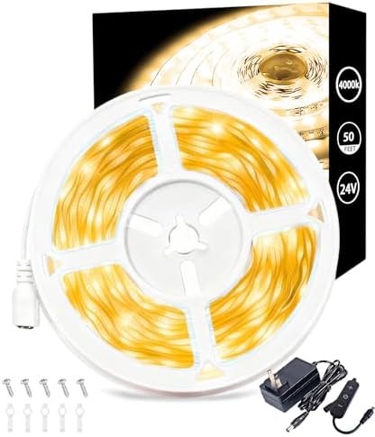 4000k 50 Feet Led Strip Lights for Bedroom Dimmable 10 FT 180 LEDs Rope Light Flexible Super Bright White Tape Lights for Ceiling Room Home Decor Luces LEDs for DIY Living Room Kitchen Vanity by Aalnfe