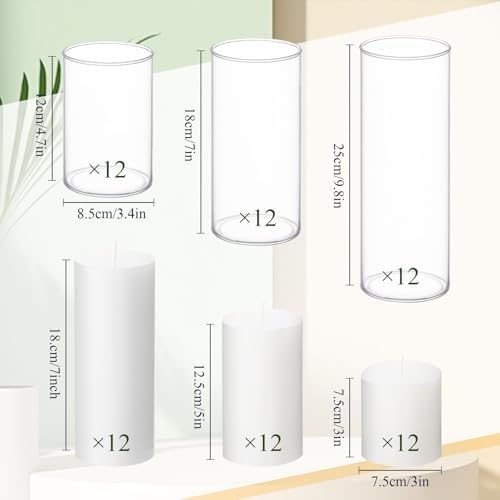 72 Pcs Pillar Candles and Glass, 3.4'' X 4.7", 7", 9.8", White - Image 3