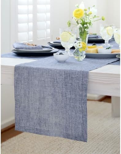 Solino Home 100% Pure Linen Table Runner Indigo Long, Athena 14 x 156 in by SolinoHome