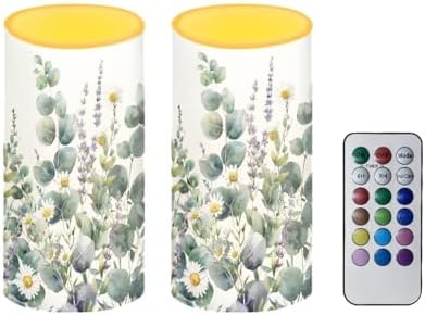 Floral Leaves Flameless Candles 2 Pack 6 x 3 inch Battery Operated Candles with Multicolor Timer Remote Control LED Fake Candles for Warm Light Dinner Table Home Decor - Image 2